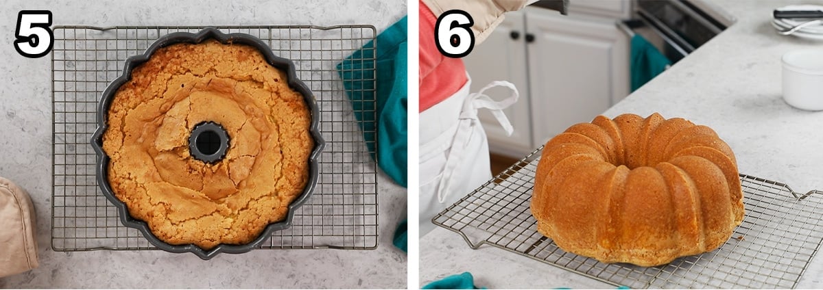 Two photos showing a pound cake before and after being removed from a tube pan.