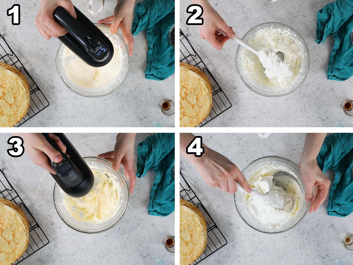 Collage of four photos showing whipped cream being combined with cream cheese to create a frosting.