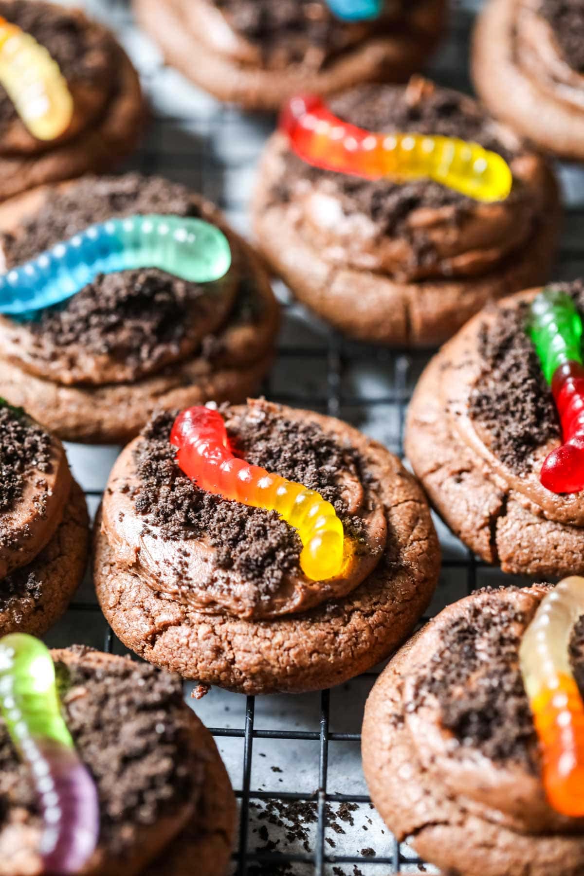 Close-up view of dirt cookies topped with gummy worms.