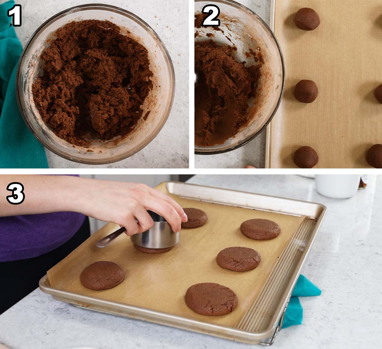 Three photos showing chocolate cookie dough being scooped, rolled, baked, and flattened after baking.