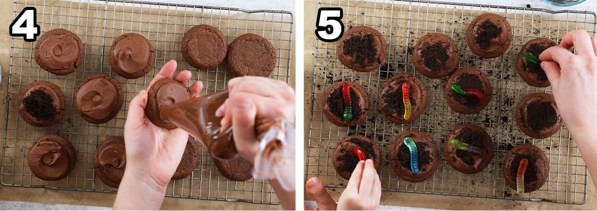 Two photos showing chocolate icing being piped on chocolate cookies before oreo cookie crumbs and gummy worms are added on top.