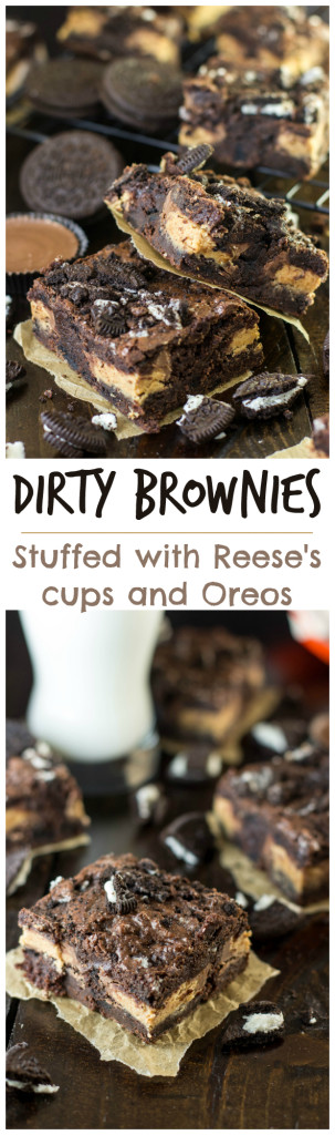 Dirty Brownies -- Stuffed with peanut butter cups and oreo cookie pieces www.SugarSpunRun.com