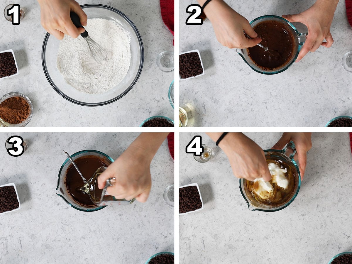 Collage of four photos showing dry ingredients being mixed and cocoa powder being bloomed with hot water.
