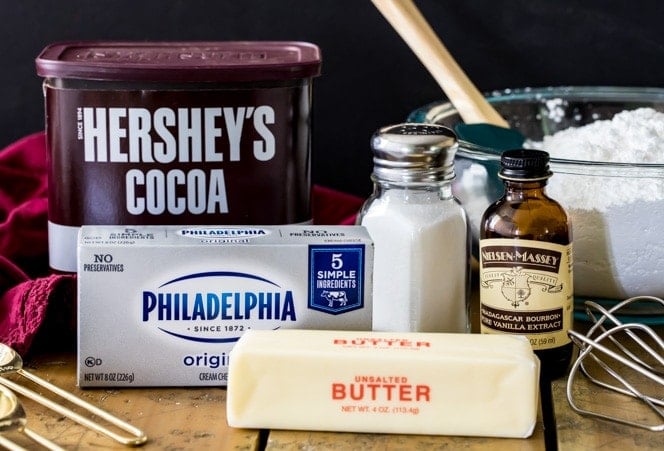 Ingredients for chocolate cream cheese frosting