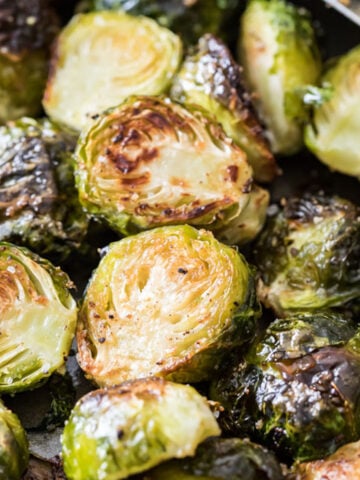 Close-up shot of roasted brussels sprouts.