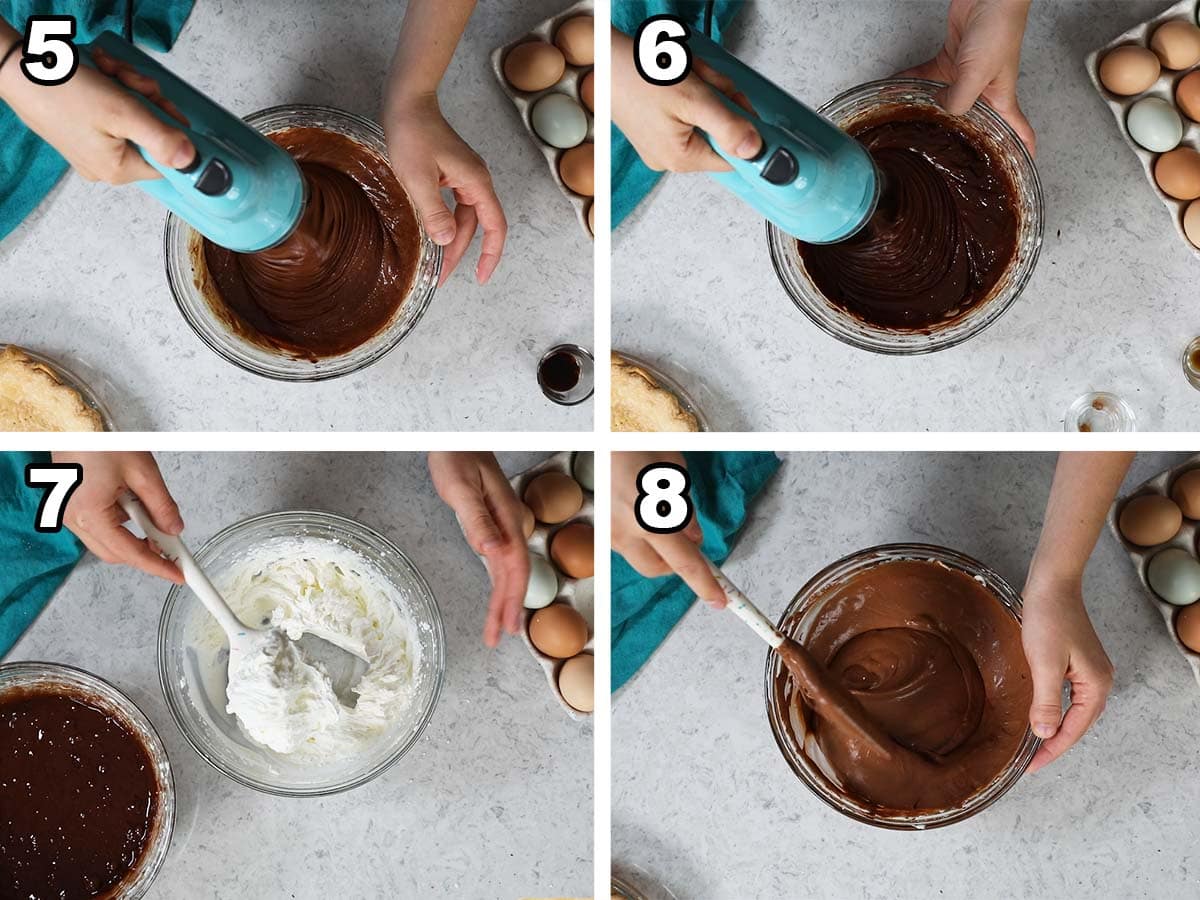Collage of four photos showing melted chocolate being mixed into an egg mixture then combined with whipped cream.