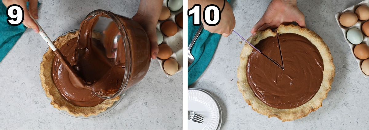 Collage of two photos showing a chocolate mixture being poured into a prepared pie crust and sliced after chilling.
