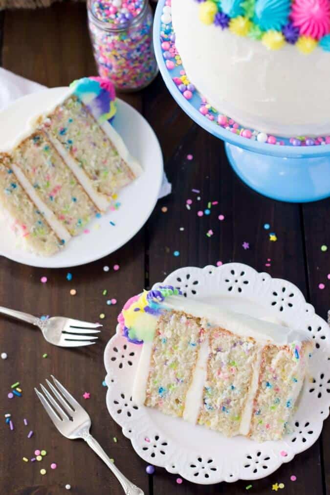 Colorful slice of funfetti cake made from scratch || Sugar Spun Run