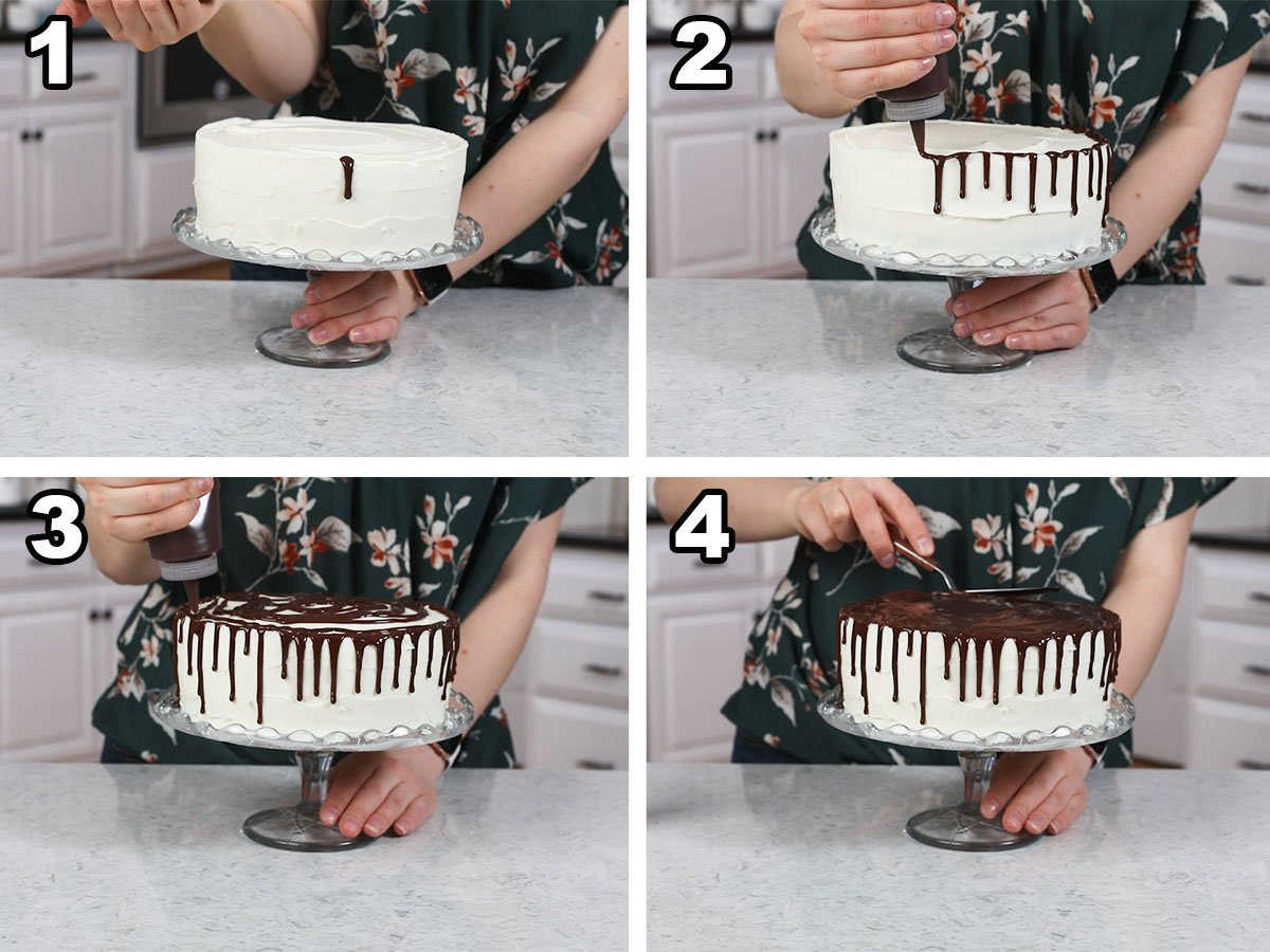 collage of four photos showing chocolate ganache drips being added to a frosted cake