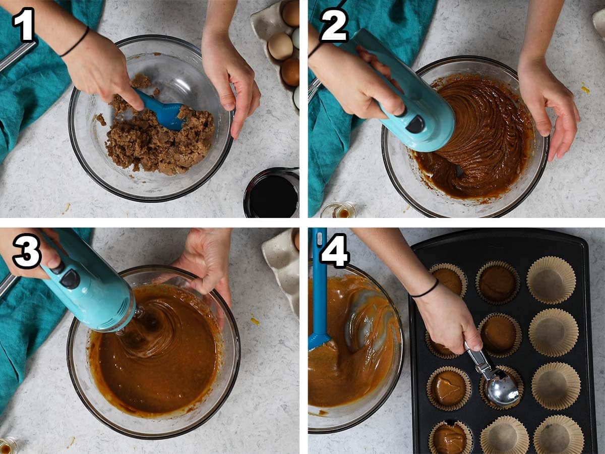Collage of four photos showing cupcake batter being prepared and portioned into a lined pan.