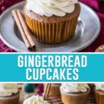 collage of gingerbread cupcakes, top image is of a close up cupcake on silver plate, bottom image taken further away with additional cupcakes in background