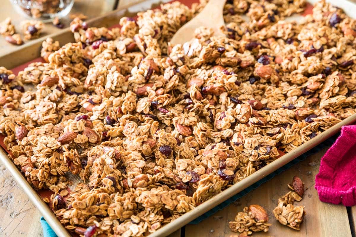 Final outcome from the granola recipe: perfect golden granola on baking pan