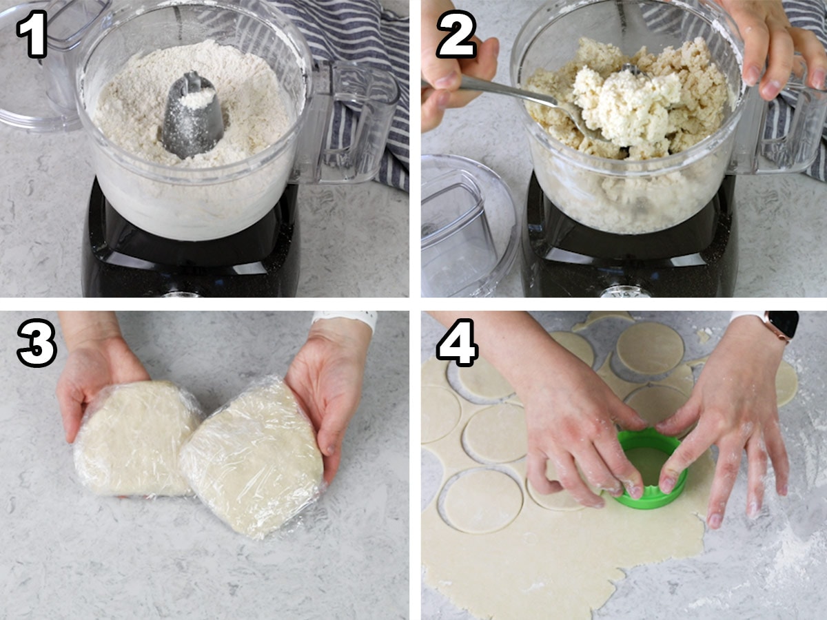 Collage showing the 4 steps to make dough for hand pies: 1) pulsing dry ingredients and butter in food processor 2) adding sour cream and pulsing til combined 3) wrapping dough in two discs 4) cutting out dough with cookie cutter