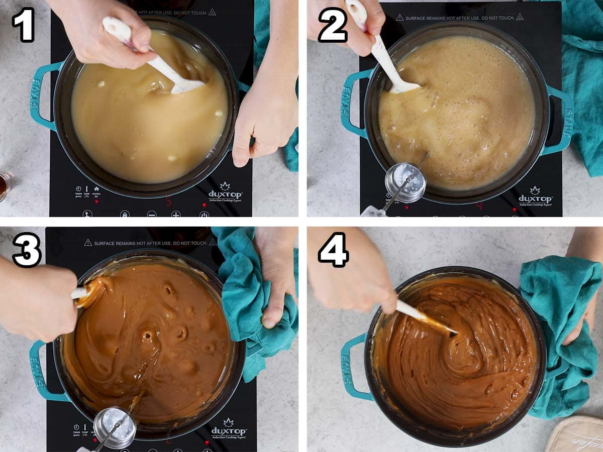 Collage of four photos showing caramel being cooked on the stovetop.