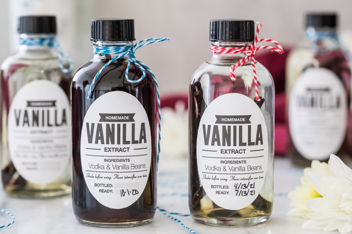 Closeup of homemade vanilla extract bottles