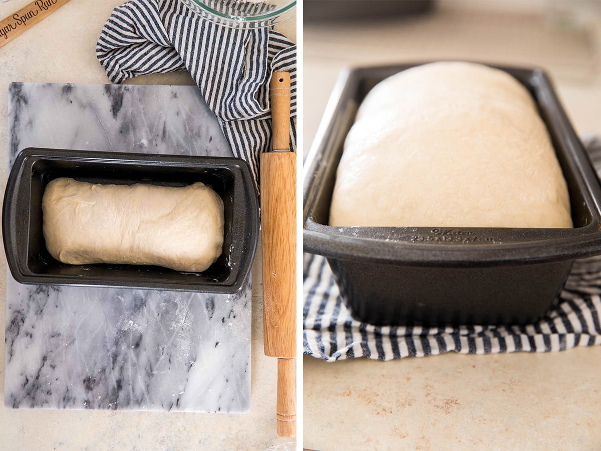 Two photos: bread dough in bread pan before rising (left) and bread dough in bread pan after rising (right)