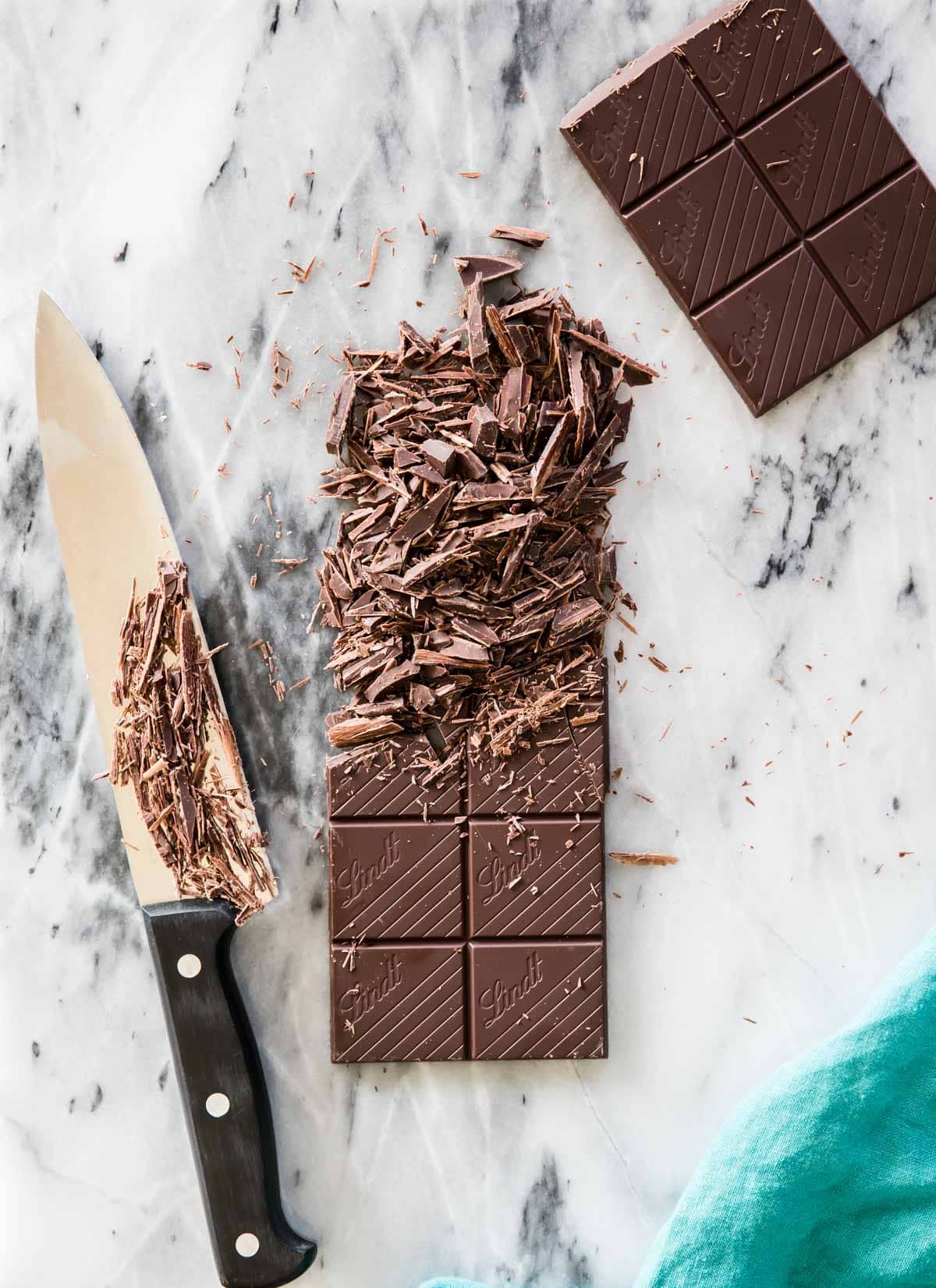 finely chopped chocolate on marble