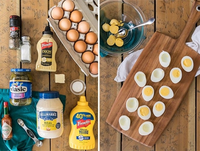 Ingredients for Deviled Eggs and removing yolks from the whites