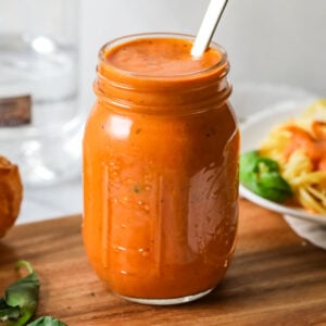 Glass jar of homemade vodka sauce.