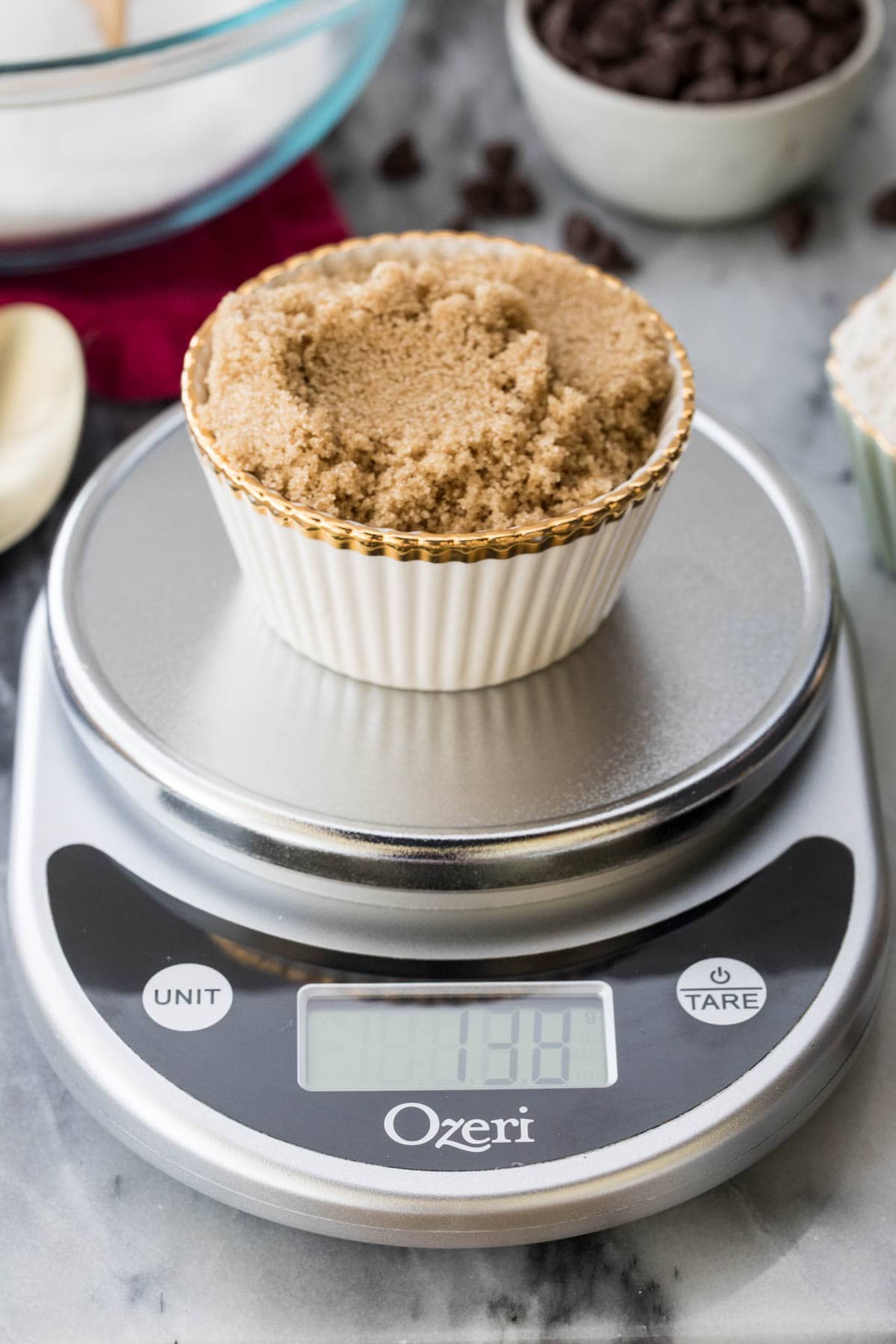 measuring brown sugar on kitchen scale