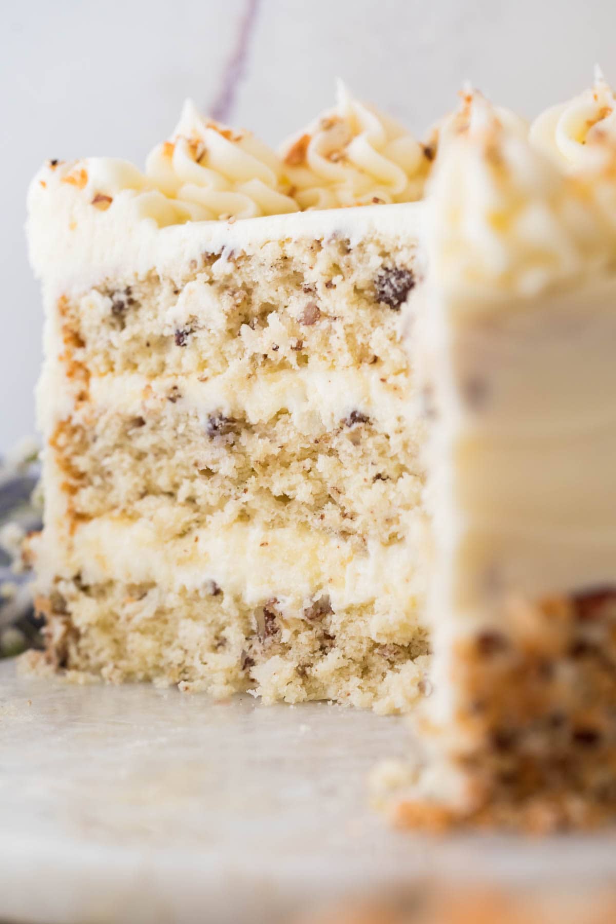 close-up cross-section view of a three layer cake that's been frosted with cream cheese frosting and filled with chopped pecans and shredded coconut