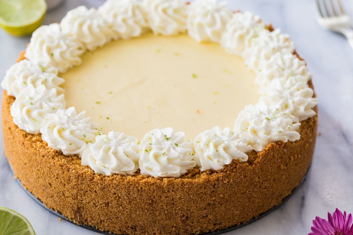 cheesecake topped with a decorative whipped cream border and lime zest