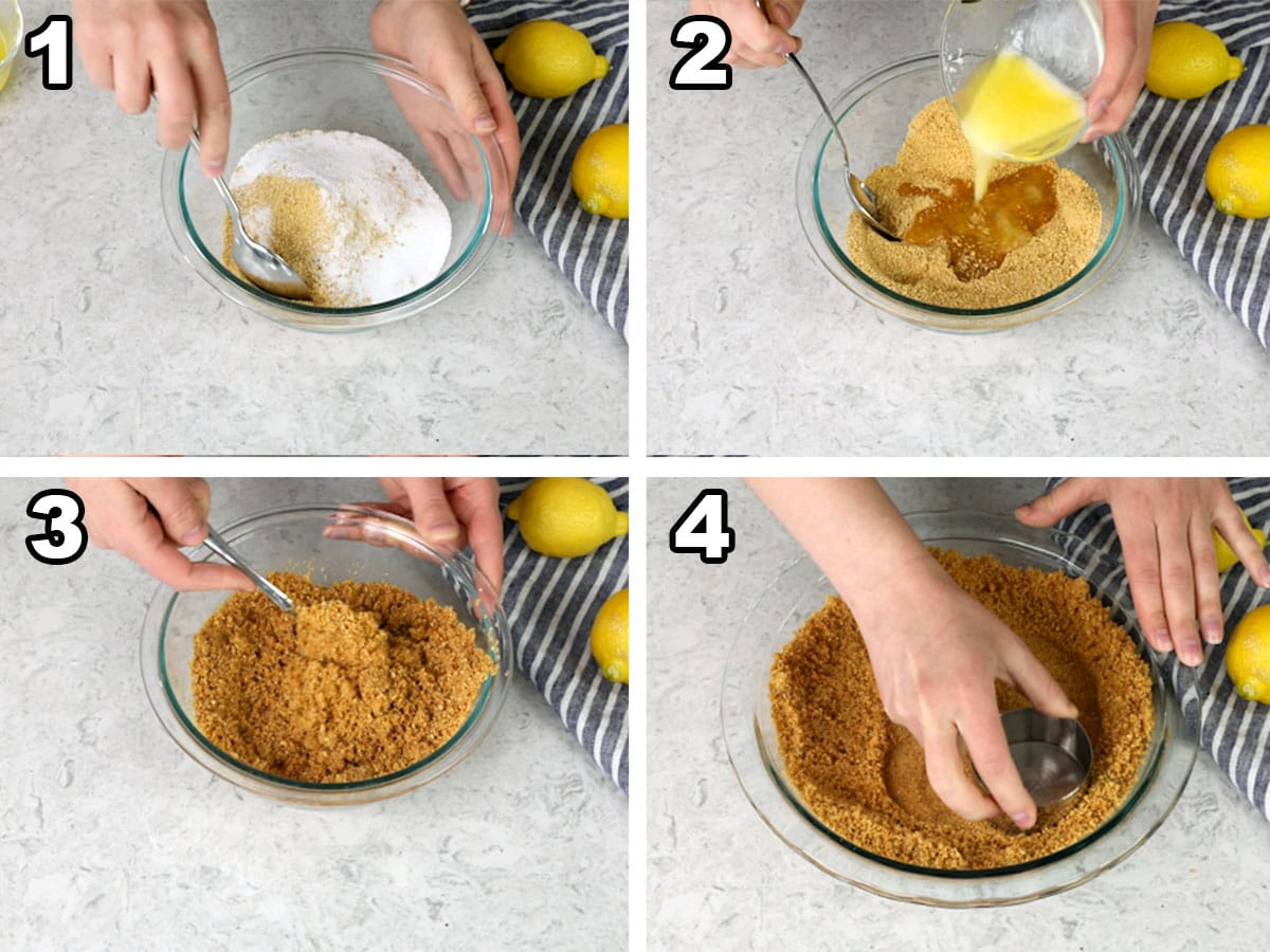 Mixing the sugars and graham cracker crumbs, drizzling in the butter, mixing the crumbs and butter, and pressing the crumbs into a pie plate