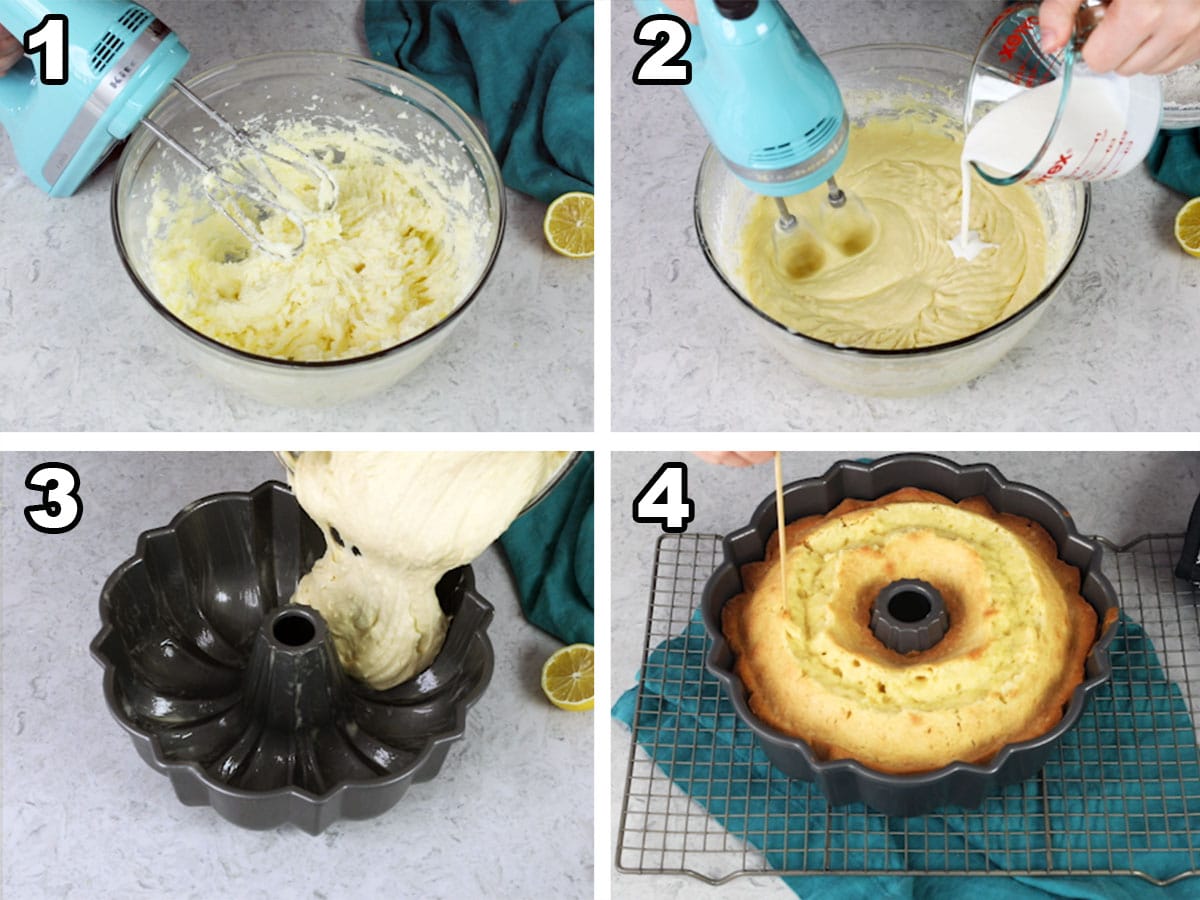 Mixing the butter, cream cheese, sugar, and lemon zest, alternating adding milk and flour, pouring the batter into a bundt pan, and checking for doneness with a wooden skewer.