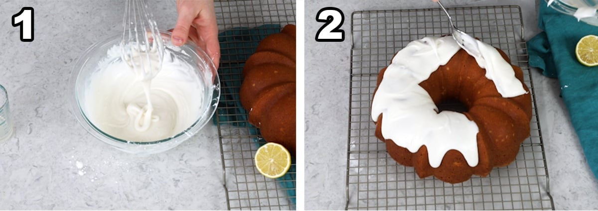 Ribbons of glaze falling off of the whisk, and adding the glaze to the finished pound cake.