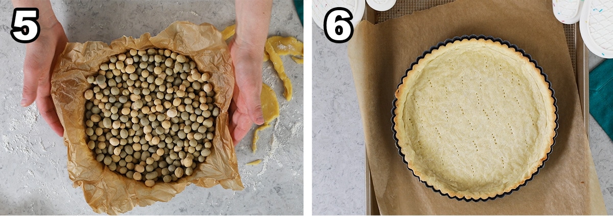 Collage of two photos showing a tart crust before and after baking.