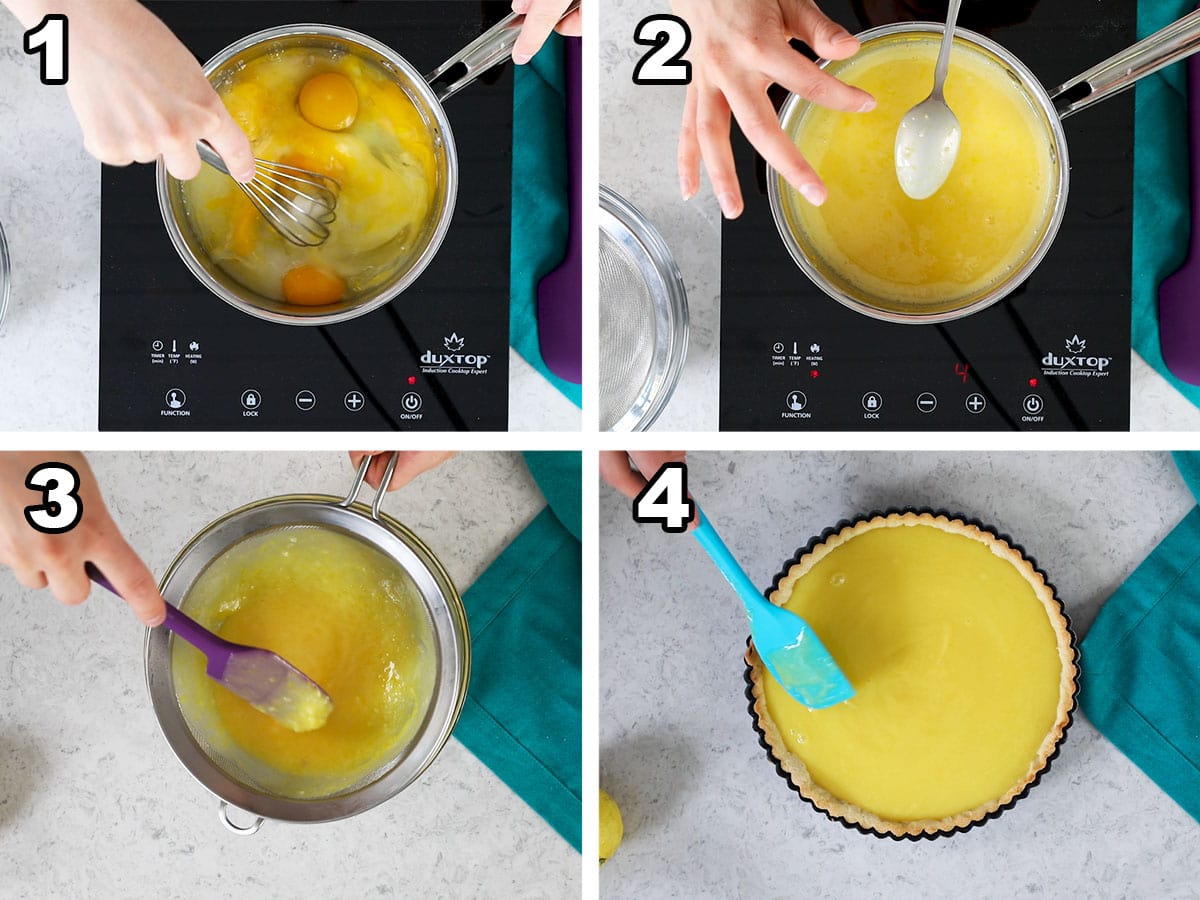 Collage of four photos showing a lemon tart filling being prepared on the stove.
