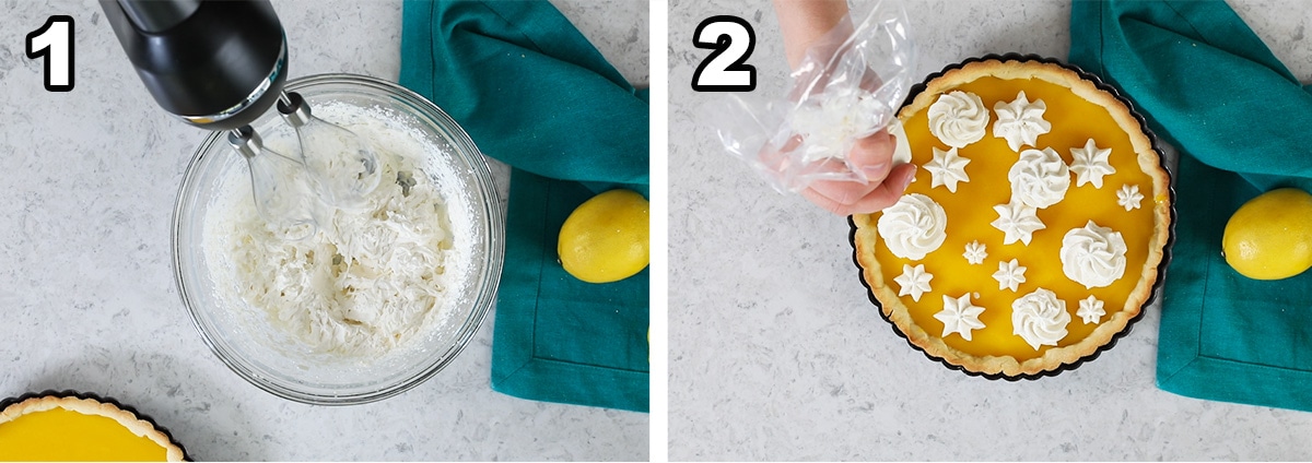 Collage of two photos showing whipped cream being prepared and piped onto a tart.