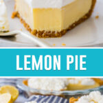 collage of lemon pie, top image of single slice with bite taken out, bottom image of two full slices