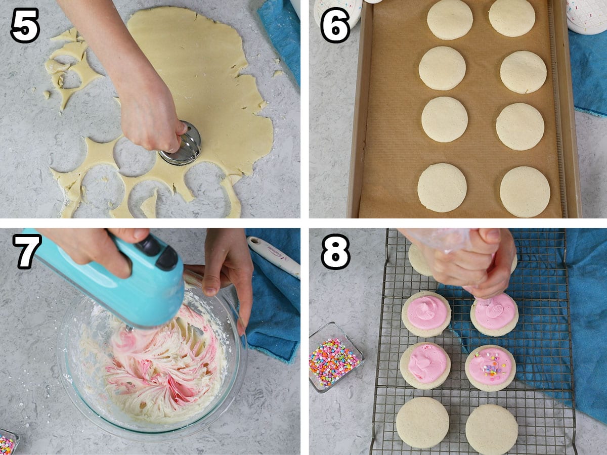 collage of four photos showing cookies being rolled out, cut, baked, and frosted