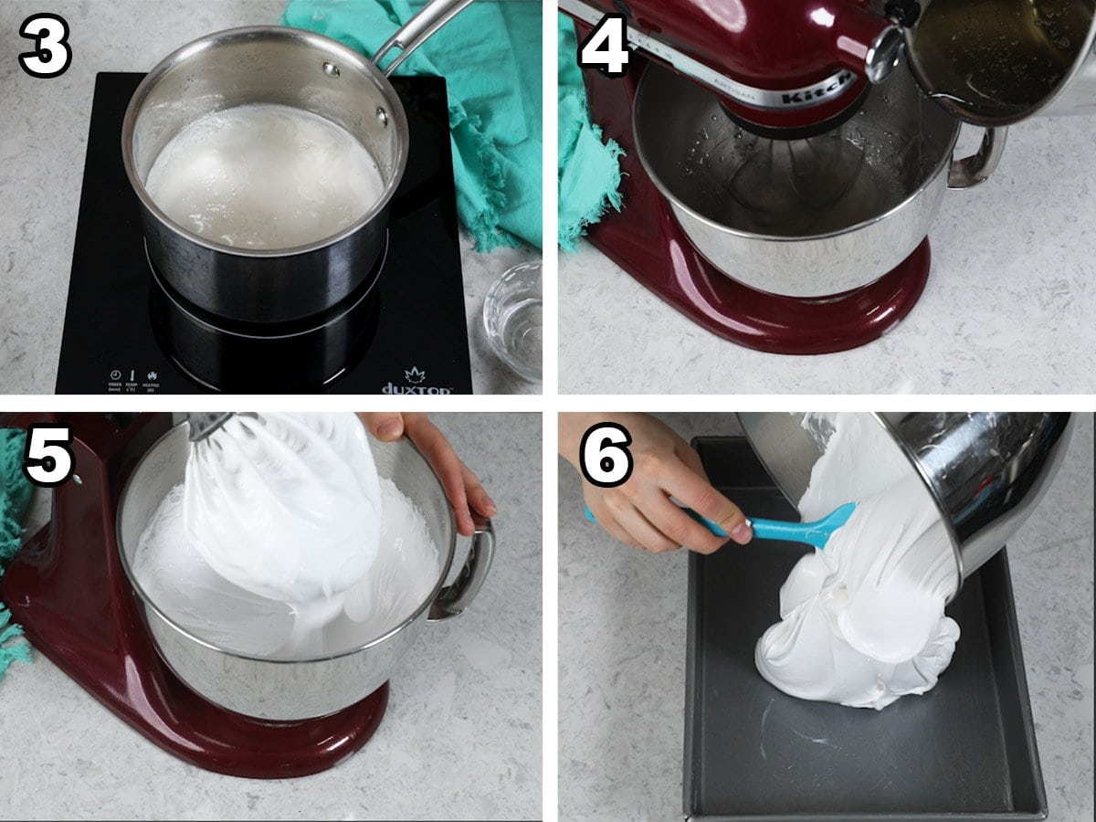 collage of four photos showing how to prepare and whip the syrup for homemade marshmallows