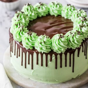 Mint chocolate cake decorated with mint green frosting, chocolate ganache drip, and piped icing swirls.