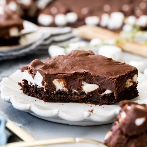 mississippi mud cake on white plate with forkful cut out