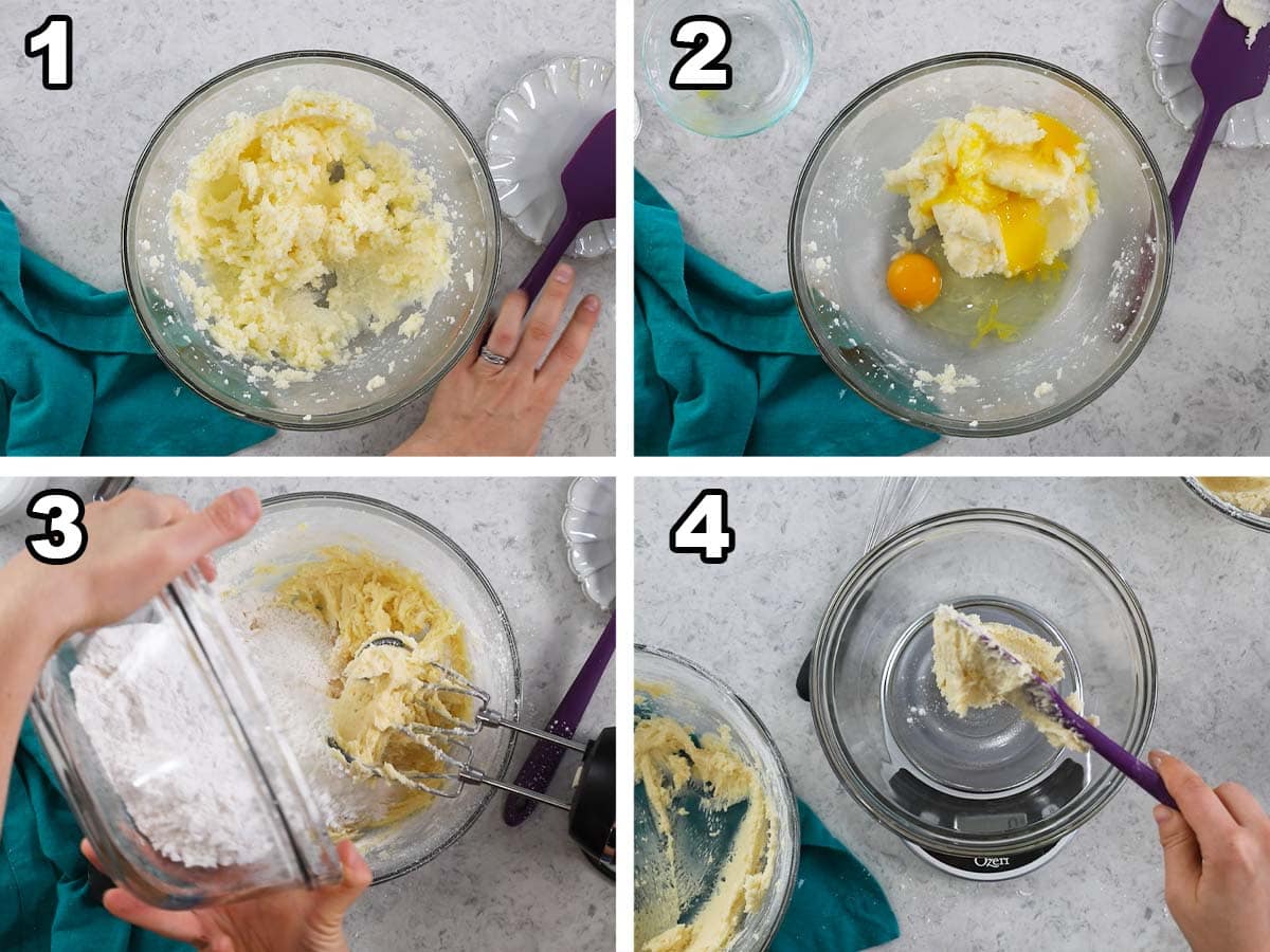 Collage of four photos showing cookie dough being prepared and portioned using a scale.
