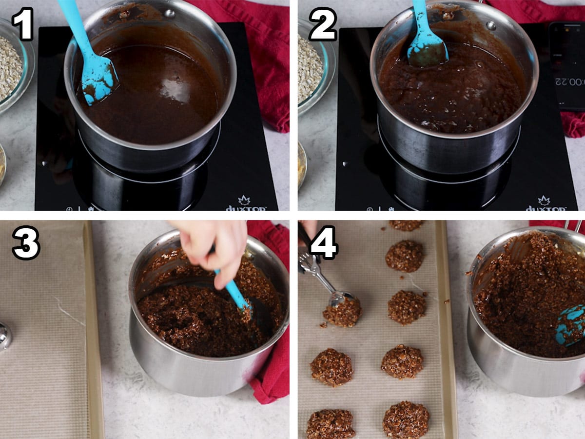 collage of four images showing how to make no-bake cookies