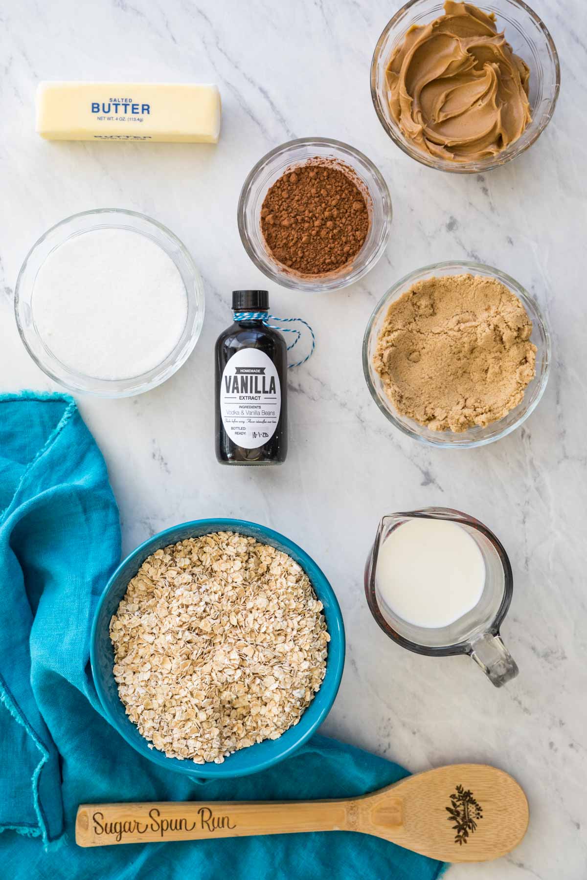 overhead view of ingredients needed for no-bake cookies