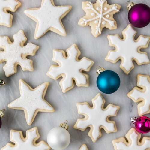 overhead of frosted no-chill sugar cookies showcasing sharp defined edges