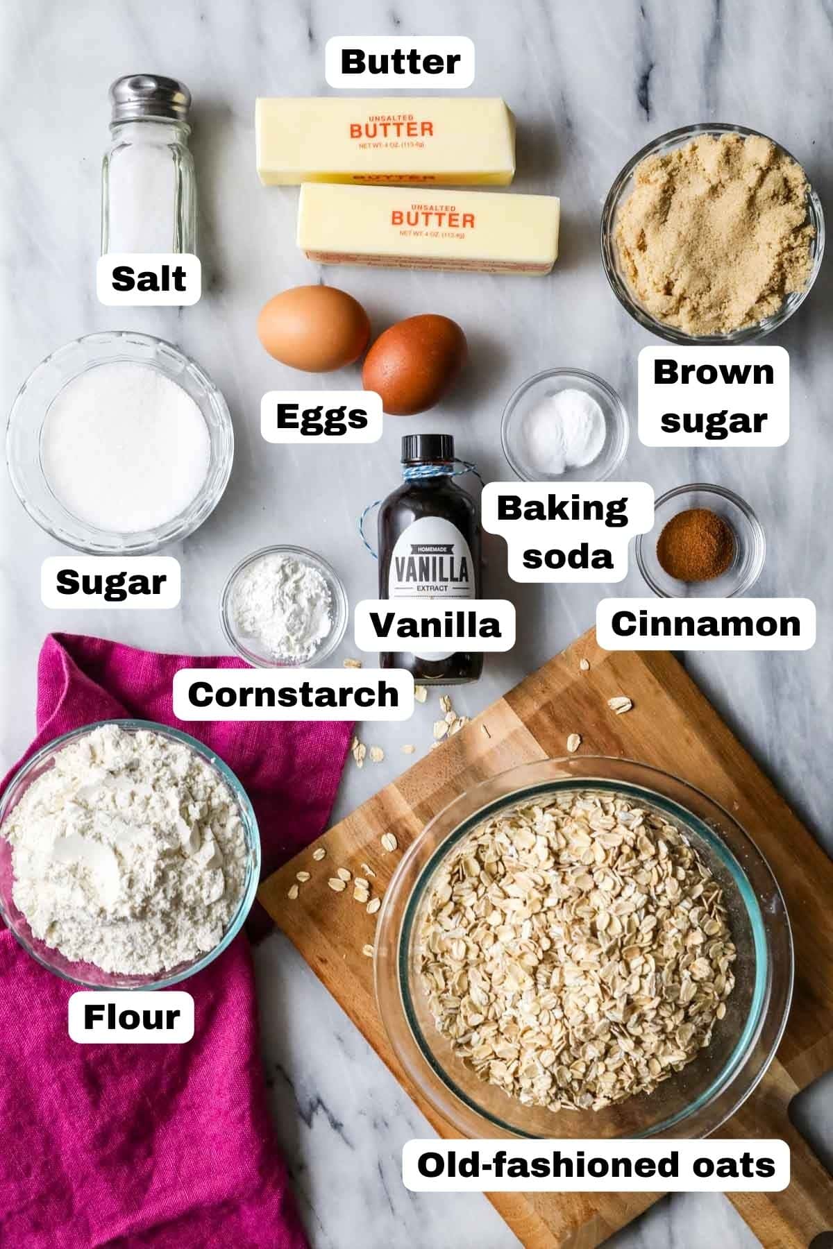 Ingredients for making oatmeal cookie recipe