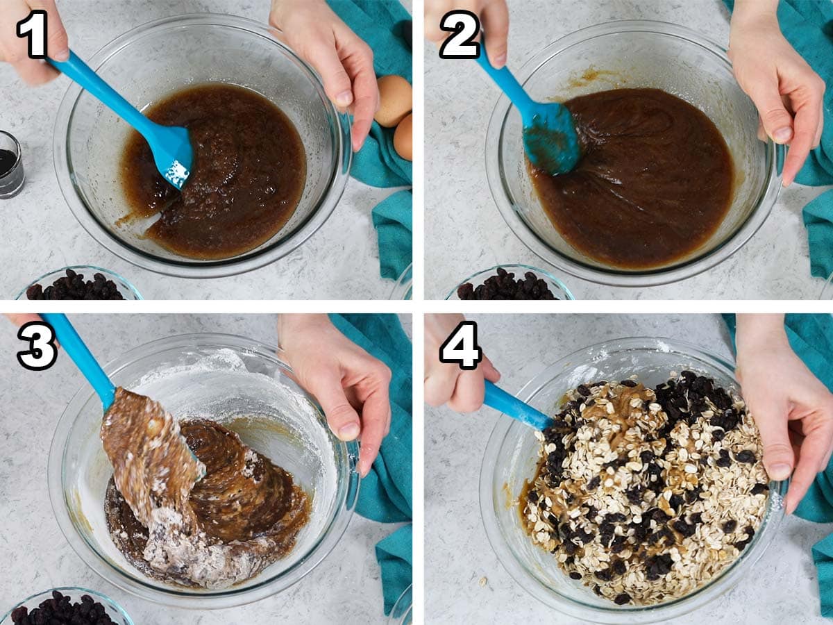 collage of four photos showing cookie dough being prepared and folded with oats and raisins