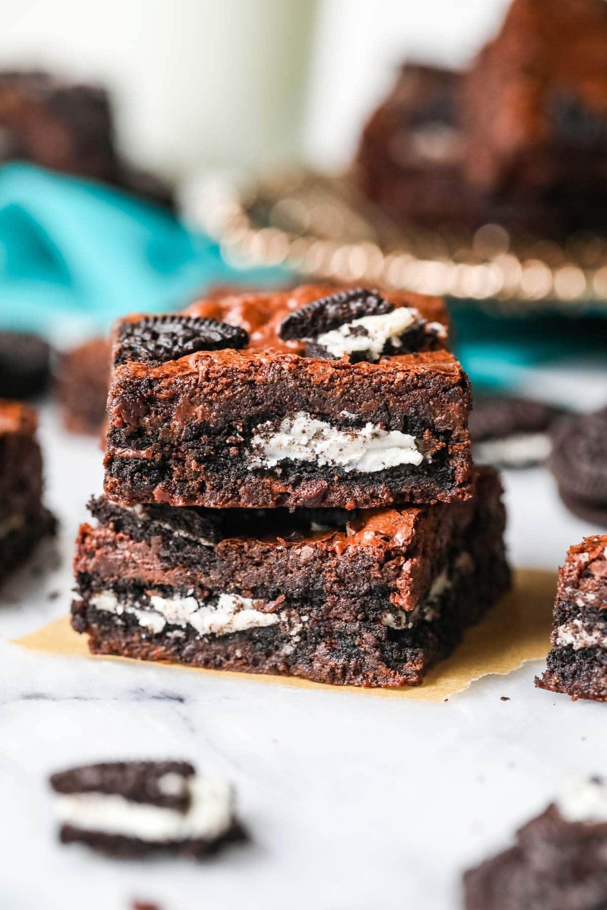 Two Oreo Brownies stacked on top of each other.