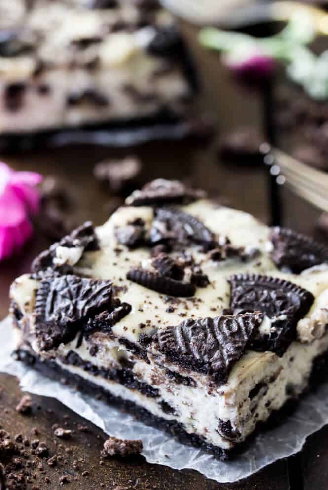 Oreo Cheesecake square on brown surface
