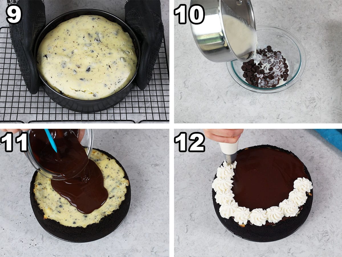 collage of four photos showing ganache being prepared and poured over a cheesecake and whipped cream swirls being piped on top