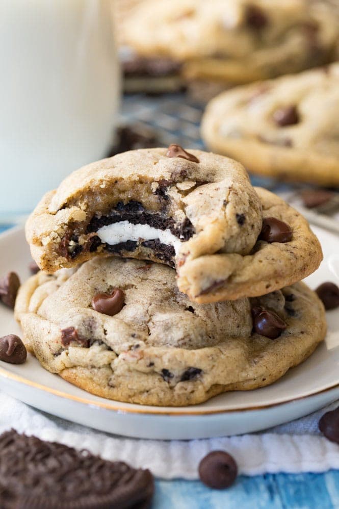 Two Oreo stuffed chocolate chip cookies stacked on top each other