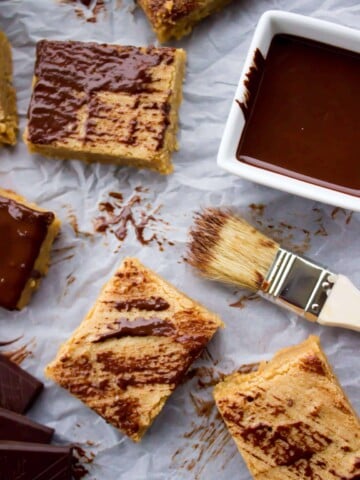 peanut butter blondies brushed with melted chocolate