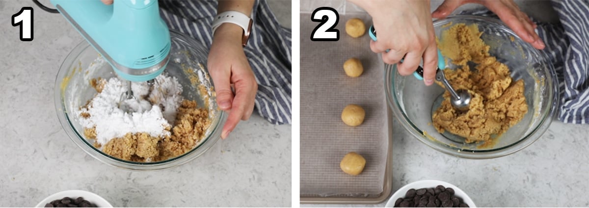 collage of two photos showing how to make the dough for peanut butter balls