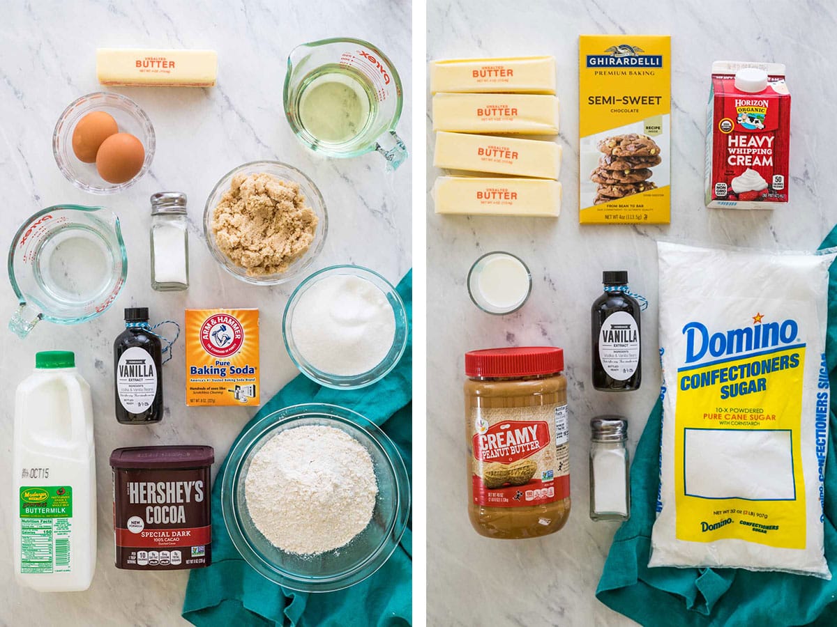 2 picture collage of Ingredients: cake layer ingredients (on left) and ingredients for ganache and frosting (on right)